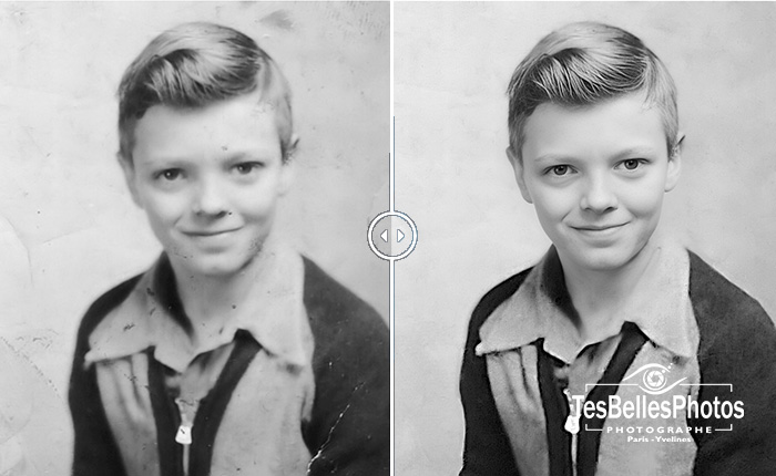 Comparaison de restauration d’un portrait photo : résultat retouché avec amélioration de la netteté et de la qualité