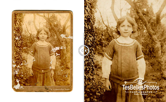 Montage de restauration d'un portrait d'enfant : état dégradé et reconstruction numérique finale avec agrandissement