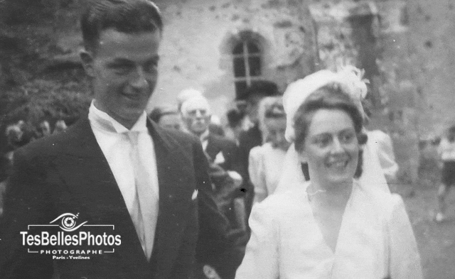 Restauration d'une photo de mariage ancienne floue des grands-parents