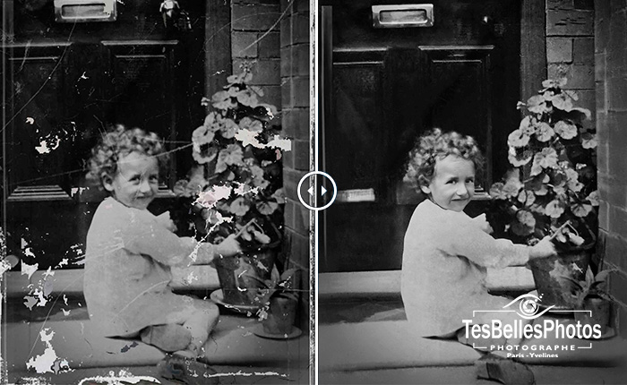 Montage comparatif montrant une photo ancienne d'enfant abîmée et sa version restaurée