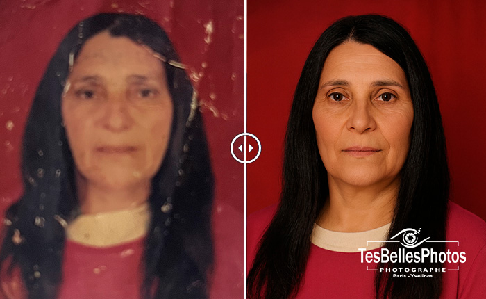 Montage de restauration d'une photo ancienne : défauts visibles et version nettoyée et reconstruite