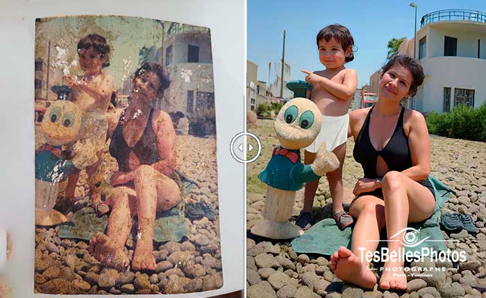 Comparatif de retouche d'une photo ancienne de famille : image dégradée et résultat restauré haute qualité