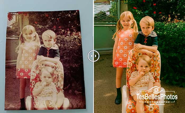 Photo familiale restaurée avec couleurs ou contrastes rééquilibrés et défauts supprimés