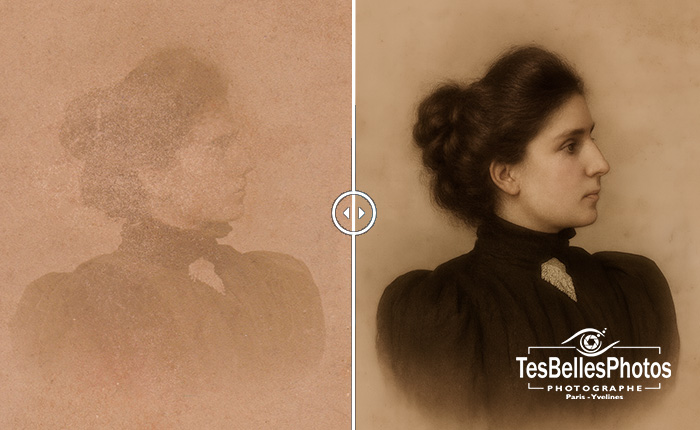Comparatif d'une vieille photo de grand-mère abîmée et floue avec sa version restaurée authentique